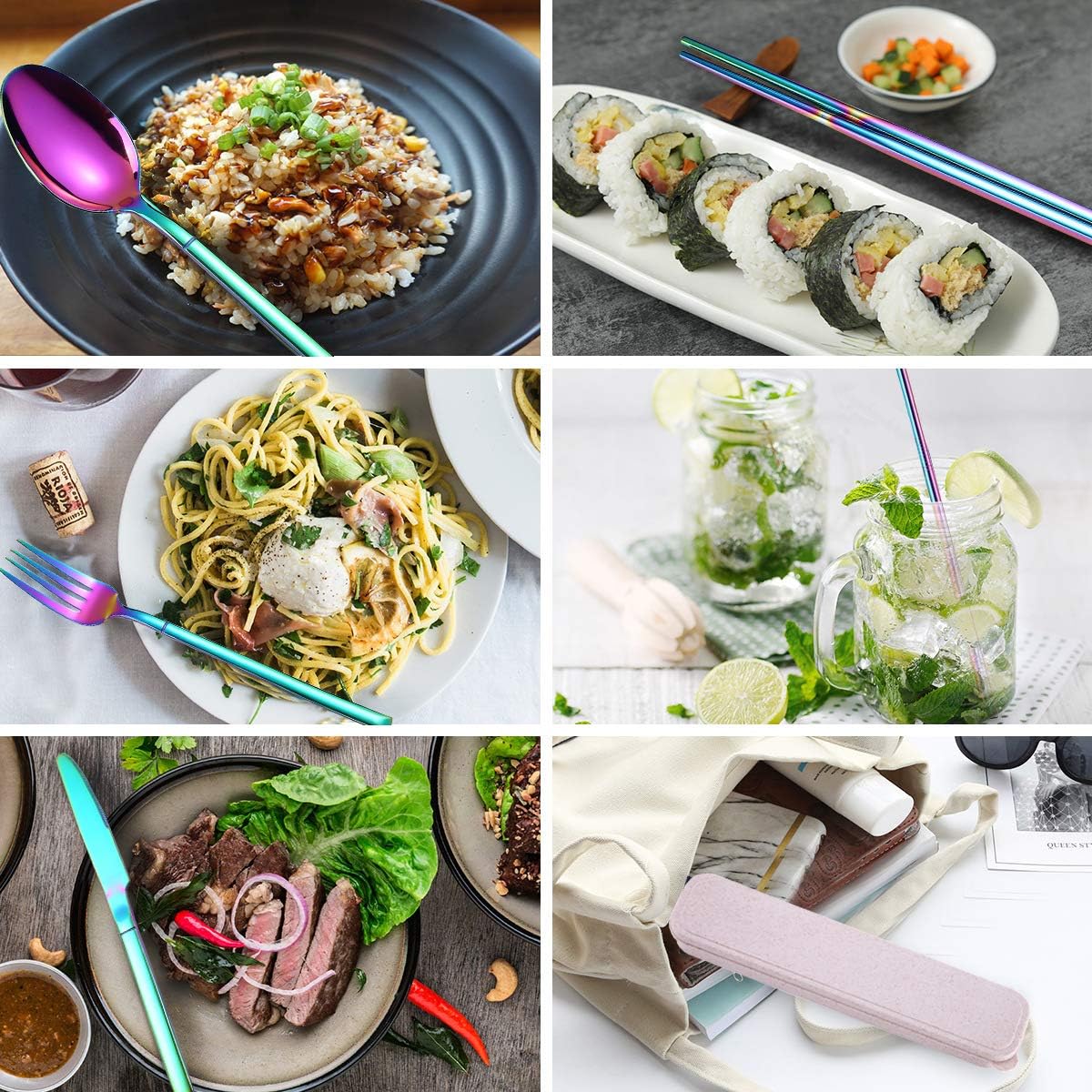 AARAINBOW 7 Pieces Stainless Steel Flatware Set Portable Reusable Cutlery Set Travel Utensils Set Including Chopsticks Knife Fork Spoon Straws Cleaning Brush Dishwasher Safe (Pink Golden)