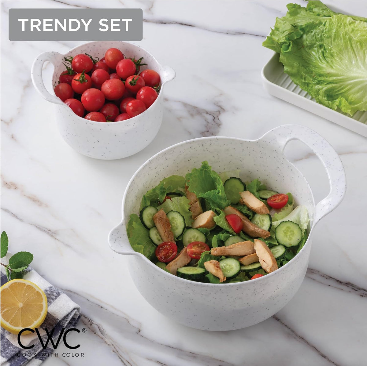 COOK WITH COLOR Nesting Plastic Mixing Bowl Set with Pour Spouts and Handles, Gray, Non-Slip