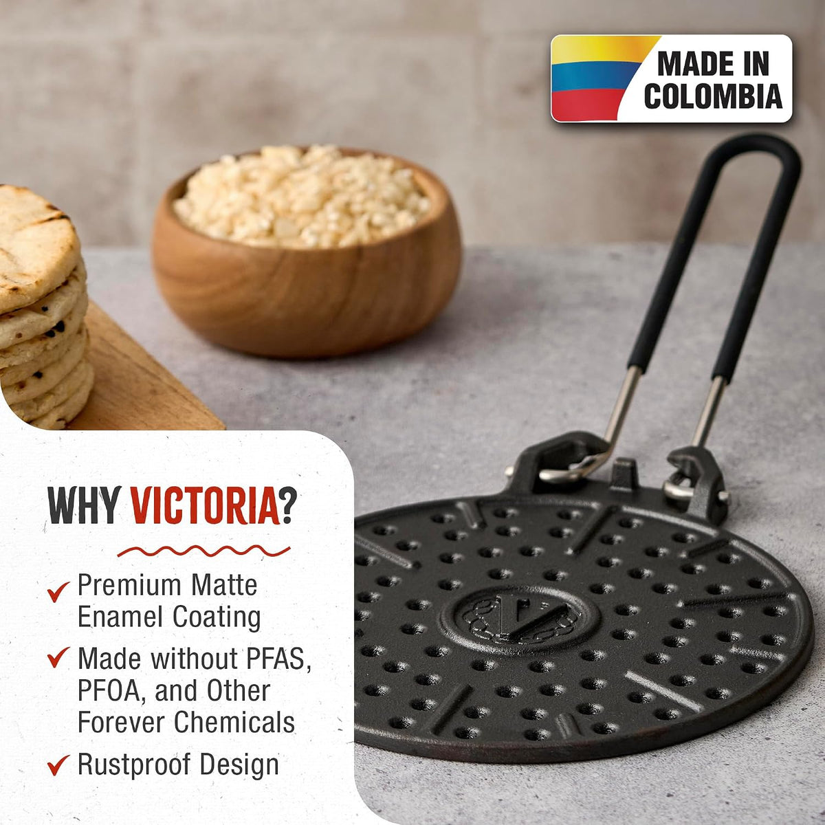 Victoria Cast Iron Arepa Grill, Enameled Parilla for Tortillas and Flatbreads, Heat Diffuser, Parrilla Asadora para Arepas, 8 Inches, Made in Colombia