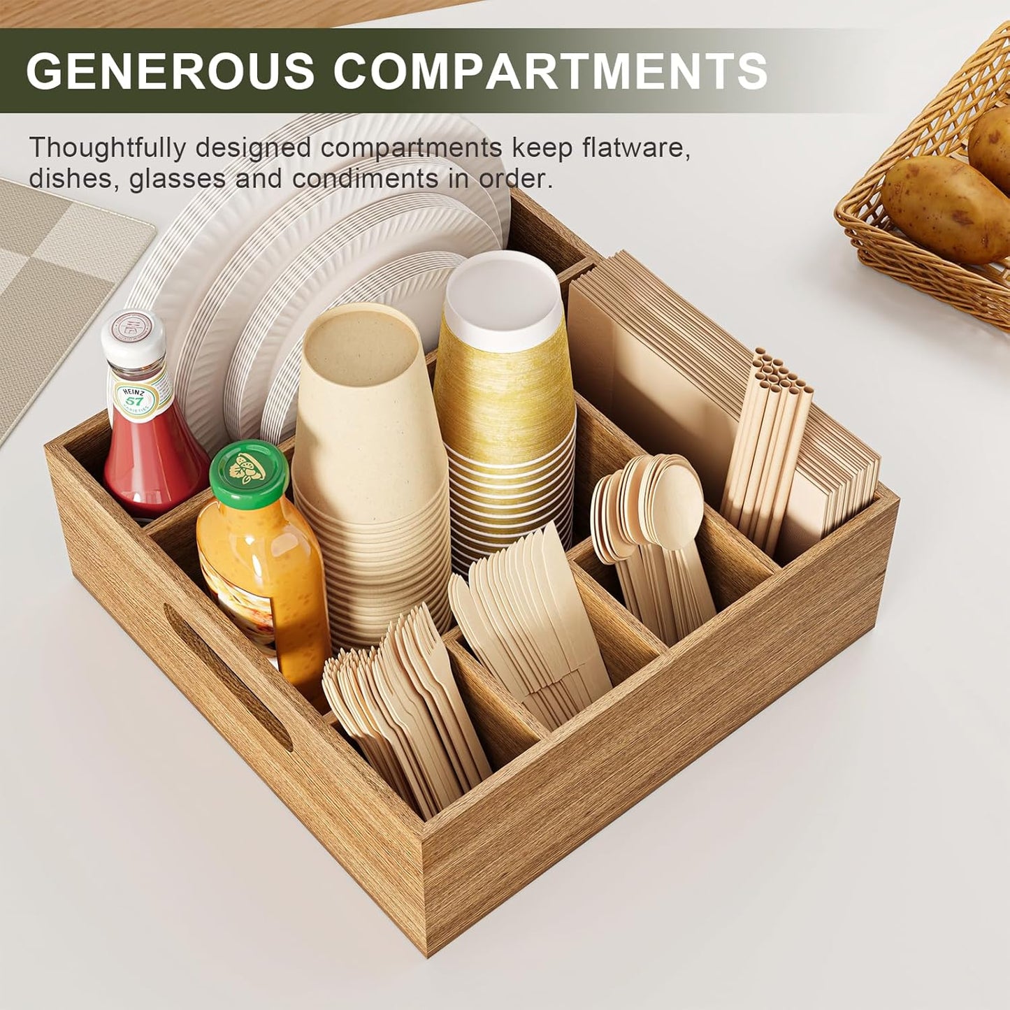 Acacia Wood Utensil Holder for Party, Paper Plate and Utensil Holder Caddy for Countertop, Kitchen Silverware Organizer Dispenser for Spoon, Napkin, Cup, Cutlery Holders for Outdoor, Camping, Picnic