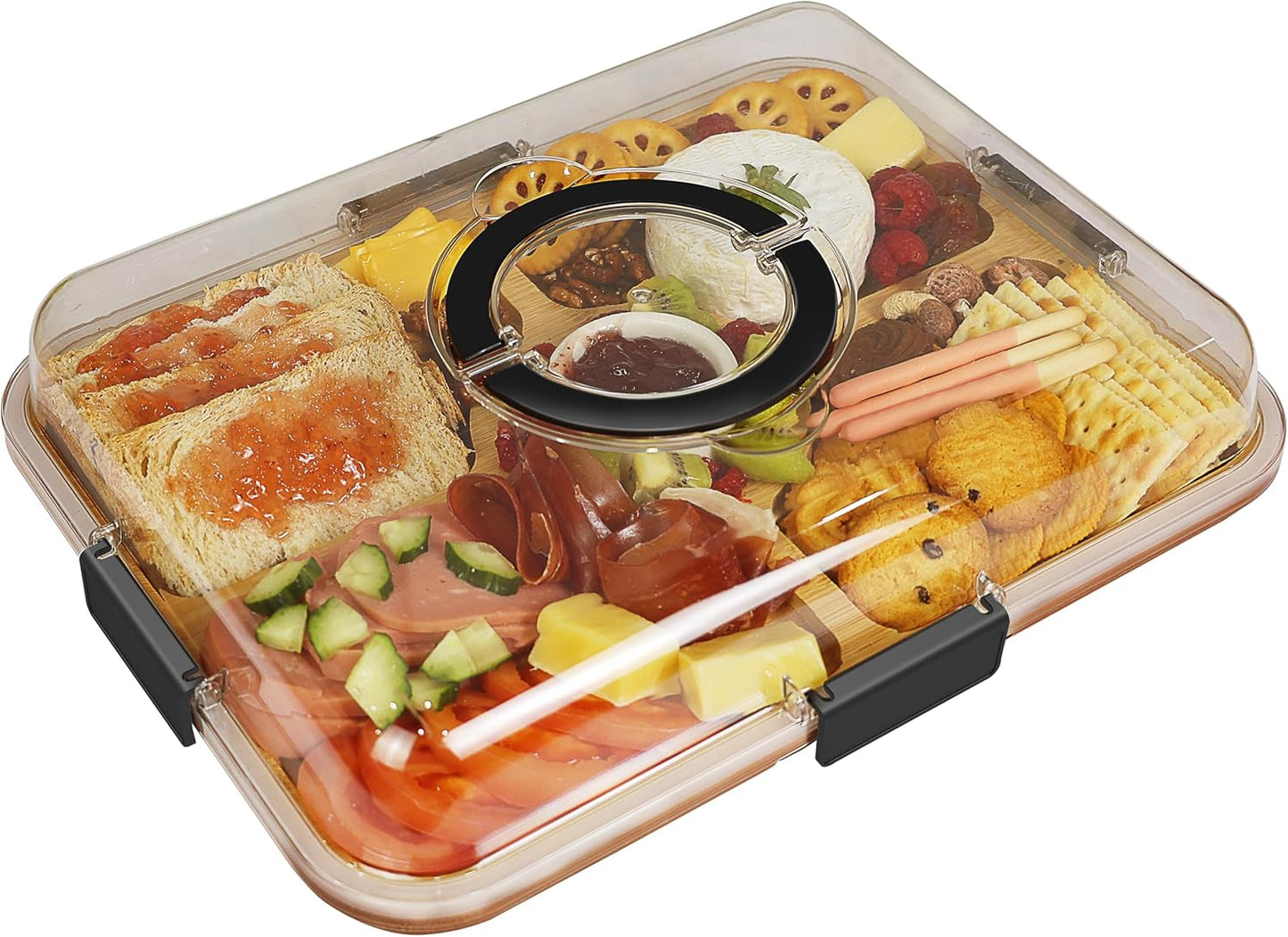 Renmxj Charcuterie Board with Clear Lid, Travel Portable Cheese Board Charcuterie Boxes Cutting Boards for Kitchen, House Warming Gifts New Home, Gifts for Women (6 Compartments Black)