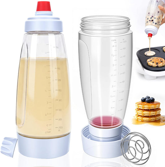 2PCS Pancake Batter Dispenser Bottles with Stainless Steel wire whisk Ball, 1000ml BPA-Free Pancake Squeeze Bottle Ideal for Pancakes Crepes Muffins Waffle Cupcakes