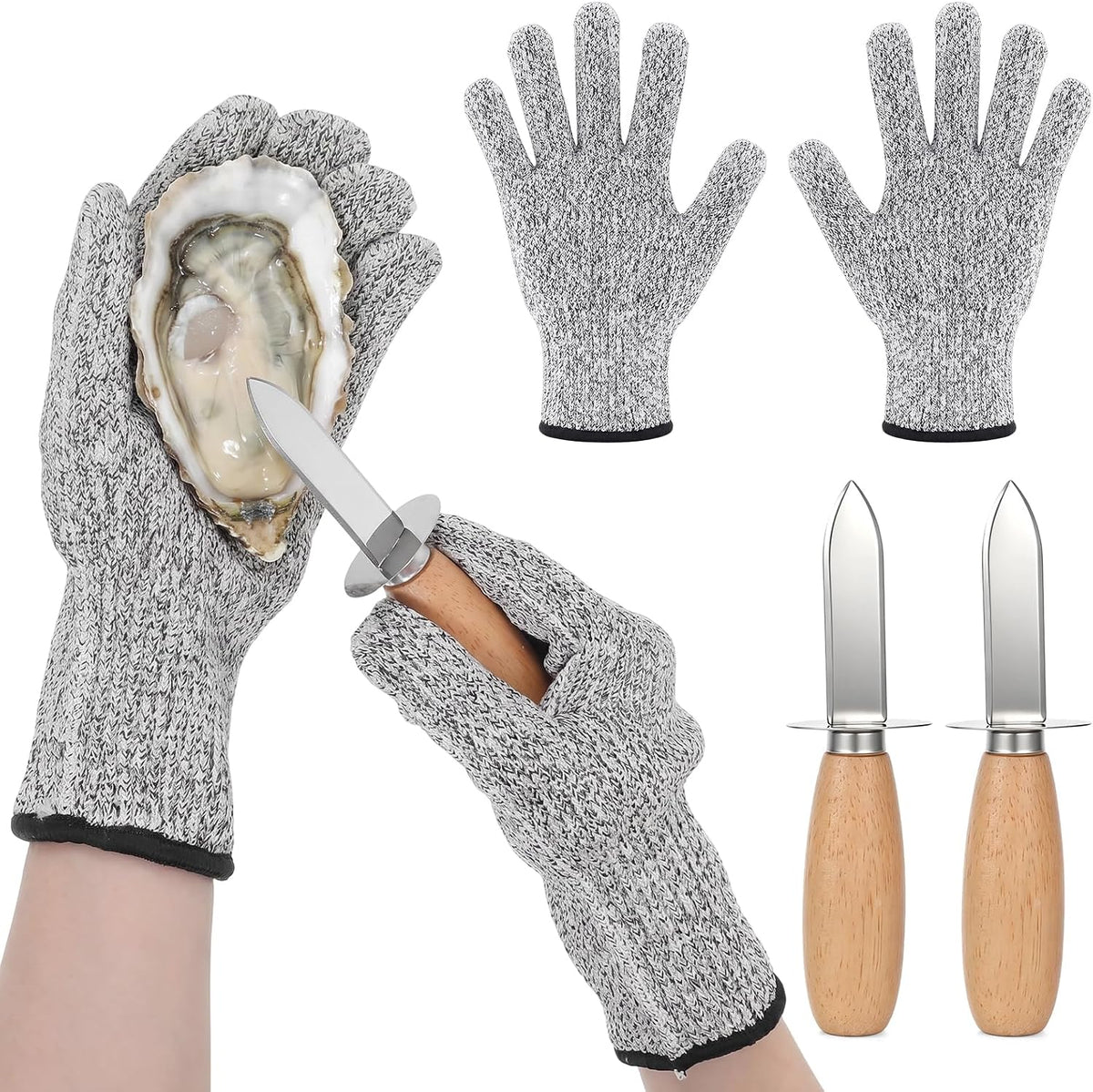 Oyster Shucking Knife Set of 6 with 6 Pairs Cut-Resistant Gloves, Professional Oyster Shucker Set for Clams, Mussels & Shellfish, Stainless Steel Oyster Knife Shucker Set for Home Kitchen, BBQ
