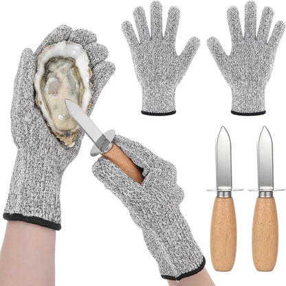 Oyster Shucking Knife Set of 6 with 6 Pairs Cut-Resistant Gloves, Professional Oyster Shucker Set for Clams, Mussels & Shellfish, Stainless Steel Oyster Knife Shucker Set for Home Kitchen, BBQ