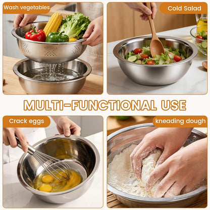 Stainless Steel Mixing Bowls Set, Multifunctional Kitchen Basin with Strainer & Colander, Fruit Lettuce Spinner for Washing, Draining & Food Prep (9.45in（24cm）)