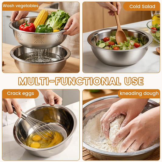 Stainless Steel Mixing Bowls Set, Multifunctional Kitchen Basin with Strainer & Colander, Fruit Lettuce Spinner for Washing, Draining & Food Prep (9.45in（24cm）)
