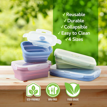 ICHC Set of 4 Collapsible Food Storage Containers - Space-Saving Silicone Meal Prep Boxes, Airtight and Stackable Lunch Containers, Microwave and Freezer Safe