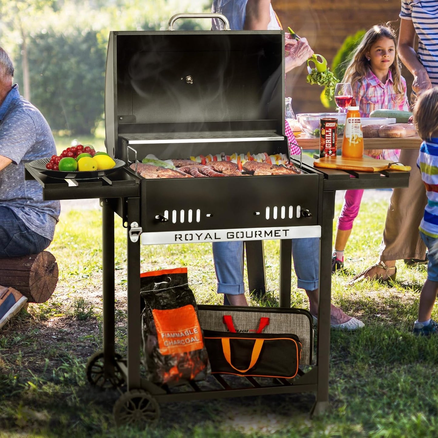 Royal Gourmet CD1824ET Movable Charcoal BBQ Grill with Foldable Side Tables, Outdoor Barbecue Grill with 470 Sq. In. Cooking Area for Outdoor Picnic and Camping Grilling, Black