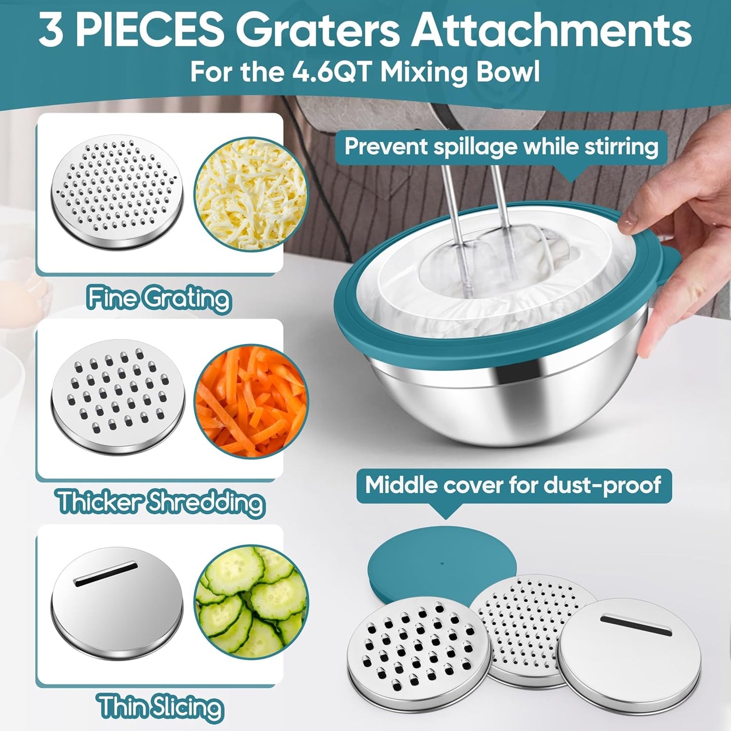 Herogo 5-Piece Mixing Bowls with Airtight Lids, 3 Grater Attachments, Stainless Steel Salad Serving Bowls for Kitchen, Size 4.6, 3.5, 2.5, 2, 1.5QT Ideal for Prepping & Cooking, Black