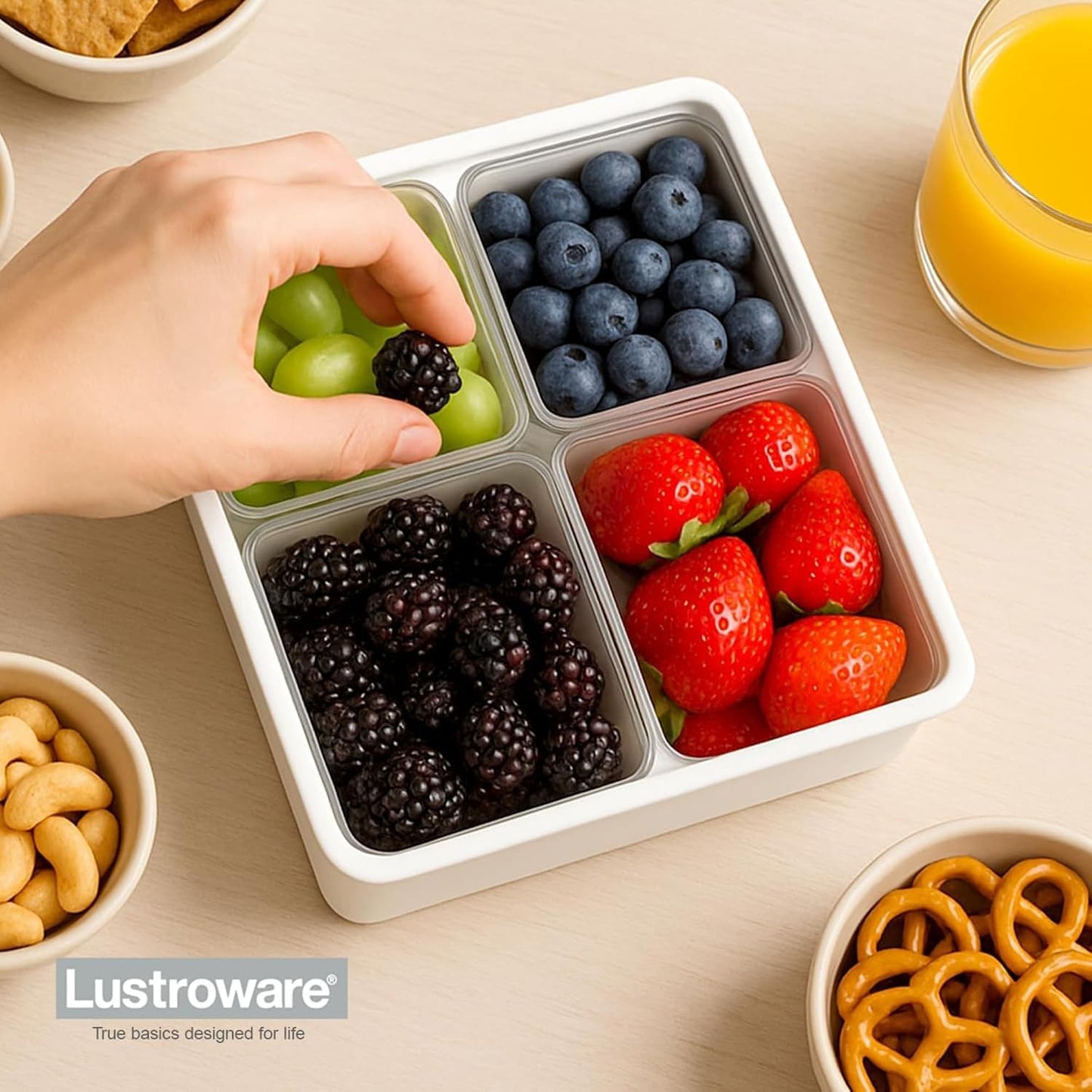 Lustroware Gourmet Palette Airtight 5-Compartment Round Serving Tray with Lid – Portable Snackle Platter & Charcuterie Organizer Box with Removable Dividers for Fruit, Vegetables, Snacks, Appetizers