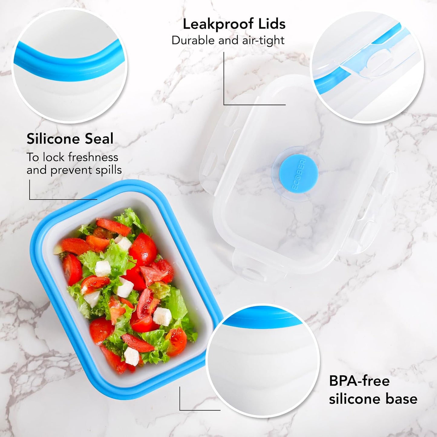ECOBERI Collapsible Silicone Food Storage Containers, BPA Free, Microwave, Freezer and Dishwasher Safe, Lunch, Meal Prep, Travel, Space-Saving