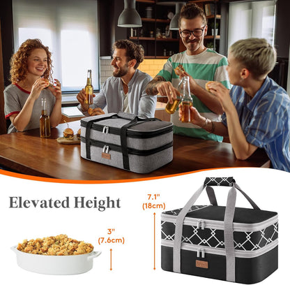 Lifewit Insulated Double Decker Casserole Carrier, Expandable Lasagna Lugger Tote Bag for Hot or Cold Food, Fits 9" x 13" Baking Dish for Potluck Parties, Picnic and Cookouts, Grey-Geometric