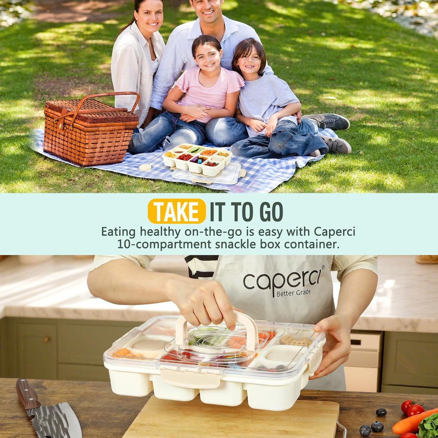 Caperci 2 Pack Snackle Box Container - Portable 10 Compartment Divided Snack Serving Tray with Lid & Handle, Built-in 4 Leak-Proof Sauce Containers, Dishwasher Safe, BPA-Free(Milky White)