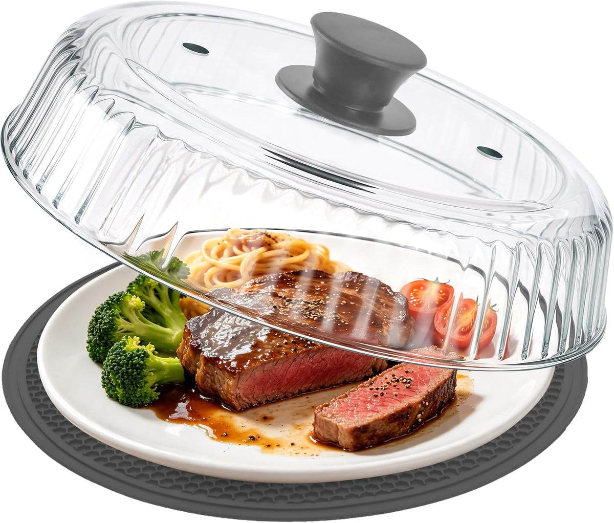 Glass Microwave Cover for Food, 10 Inch Heat Resistant Splatter Guard Lid with Silicone Mat & Vent Holes, Borosilicate Glass Dishwasher Safe, BPA-Free No Plastic