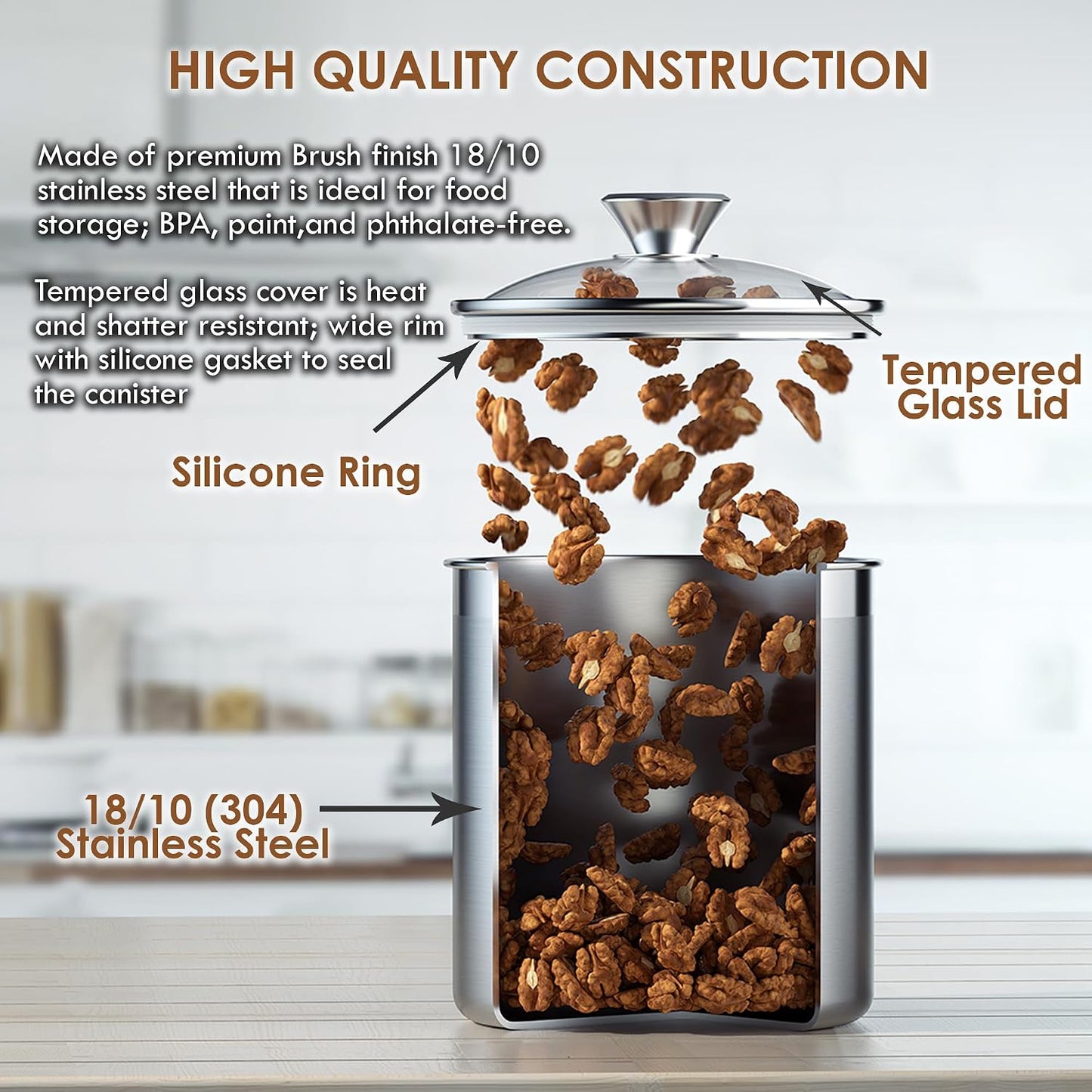 Cooks Standard Airtight Kitchen Canister Set for Coffee, Flour & Sugar Storage – Stainless Steel Food Storage Containers with Glass Lid – Pantry Organization Jars, 4 Pack