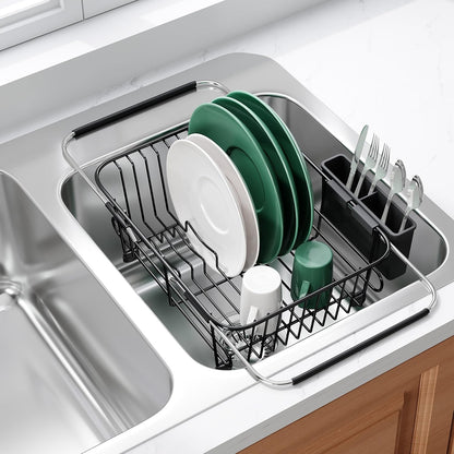 JASIWAY Dish Drying Rack in Sink, Expandable Stainless Steel Dish Drainers for Kitchen Counter, Dish Dryer Rack for Inside Sink, Over The Sink Dish Racks with Utensil Holder, Silver