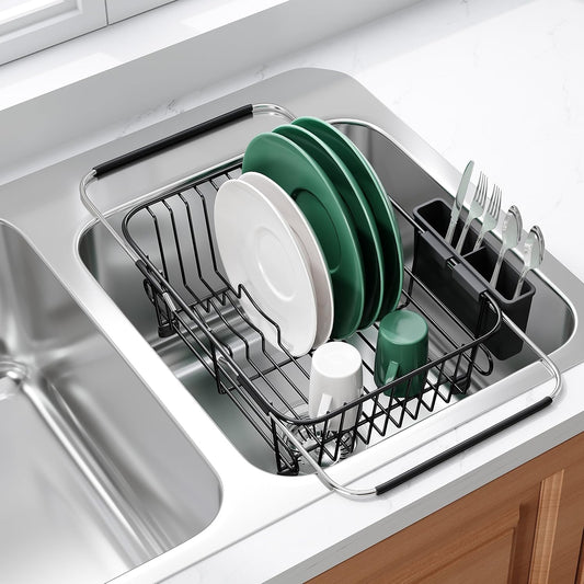 JASIWAY Dish Drying Rack in Sink, Expandable Stainless Steel Dish Drainers for Kitchen Counter, Dish Dryer Rack for Inside Sink, Over The Sink Dish Racks with Utensil Holder, Silver