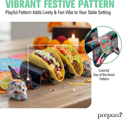 Prepara Taco Holder, Day of the Dead Design - Decorative Soft/Hard Shell Stand, Durable Melamine Food Organizer for Día de los Muertos, Festive Serveware for Taco Nights & Restaurant Use (3-Pack)