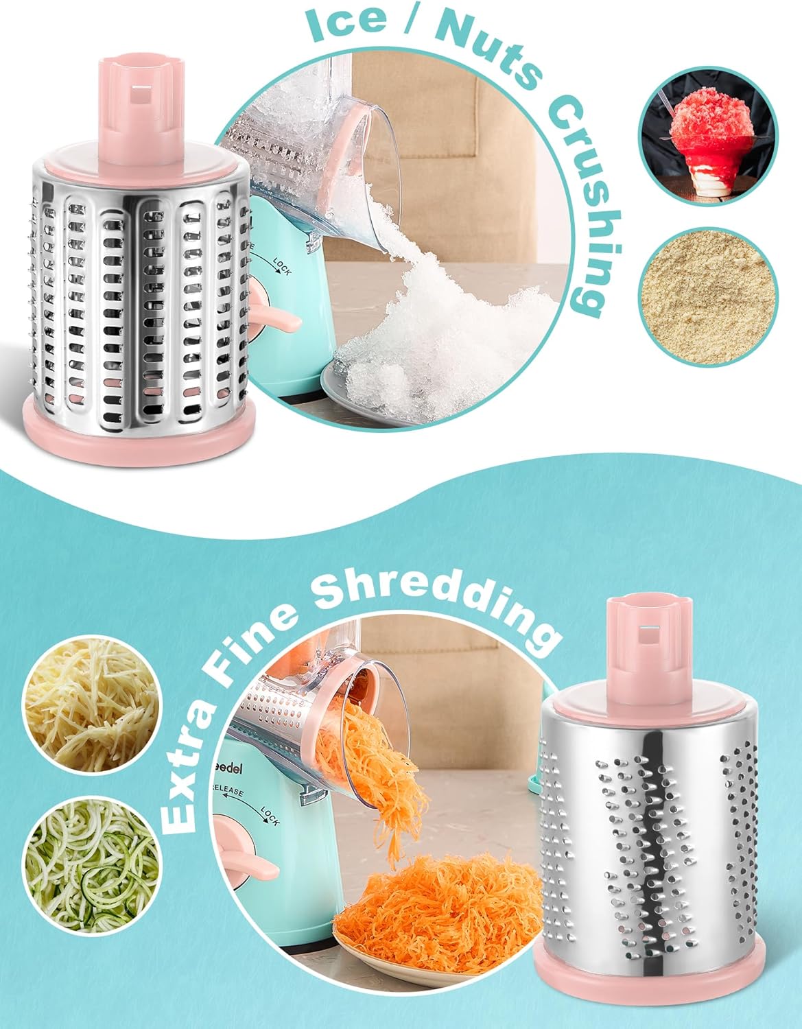 Geedel Rotary Cheese Grater, Kitchen Mandoline Vegetable Slicer with 3 Interchangeable Blades, Easy to Clean Rotary Grater Slicer for Cheese, Vegetables, Nuts