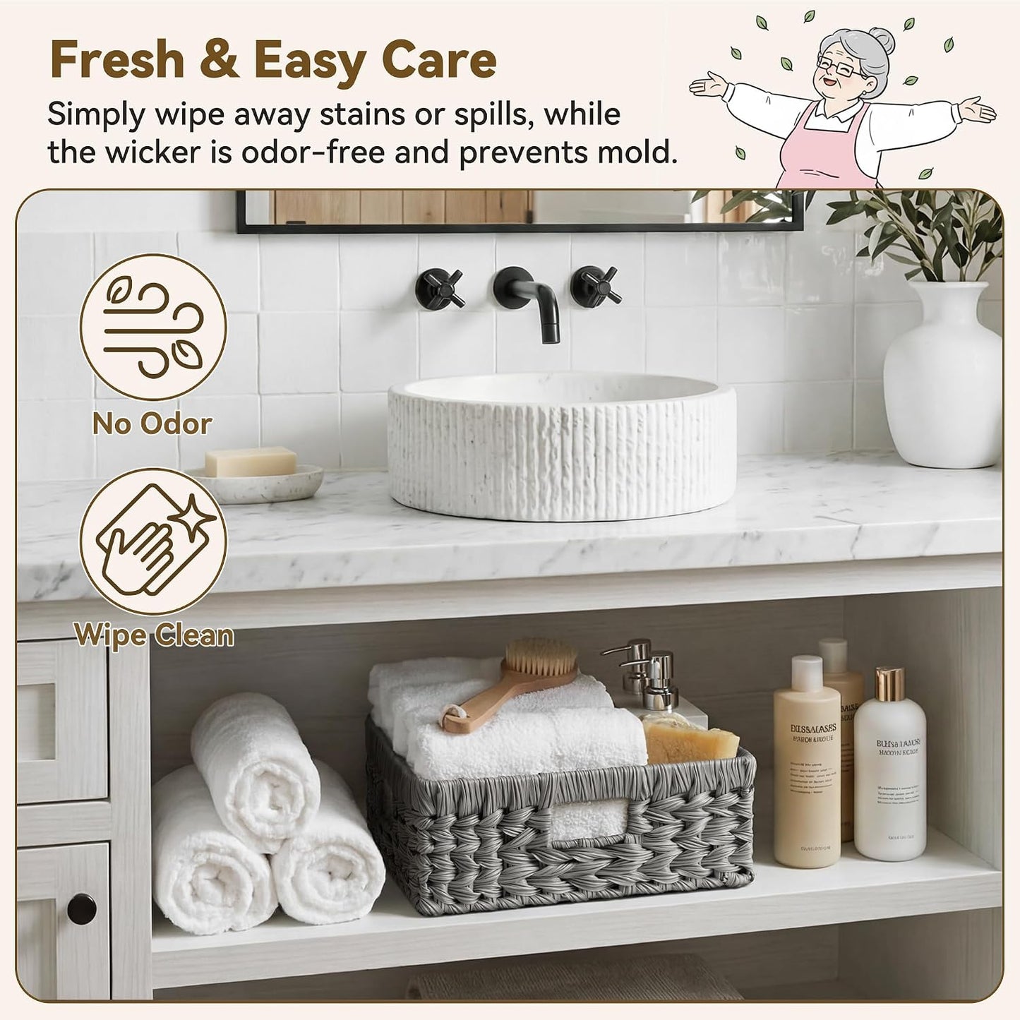 GRANNY SAYS Wicker Storage Baskets for Shelves, Water Hyacinth Basket with Scalloped Edge, Storage Wicker Baskets for Pantry, Large, 2-Pack