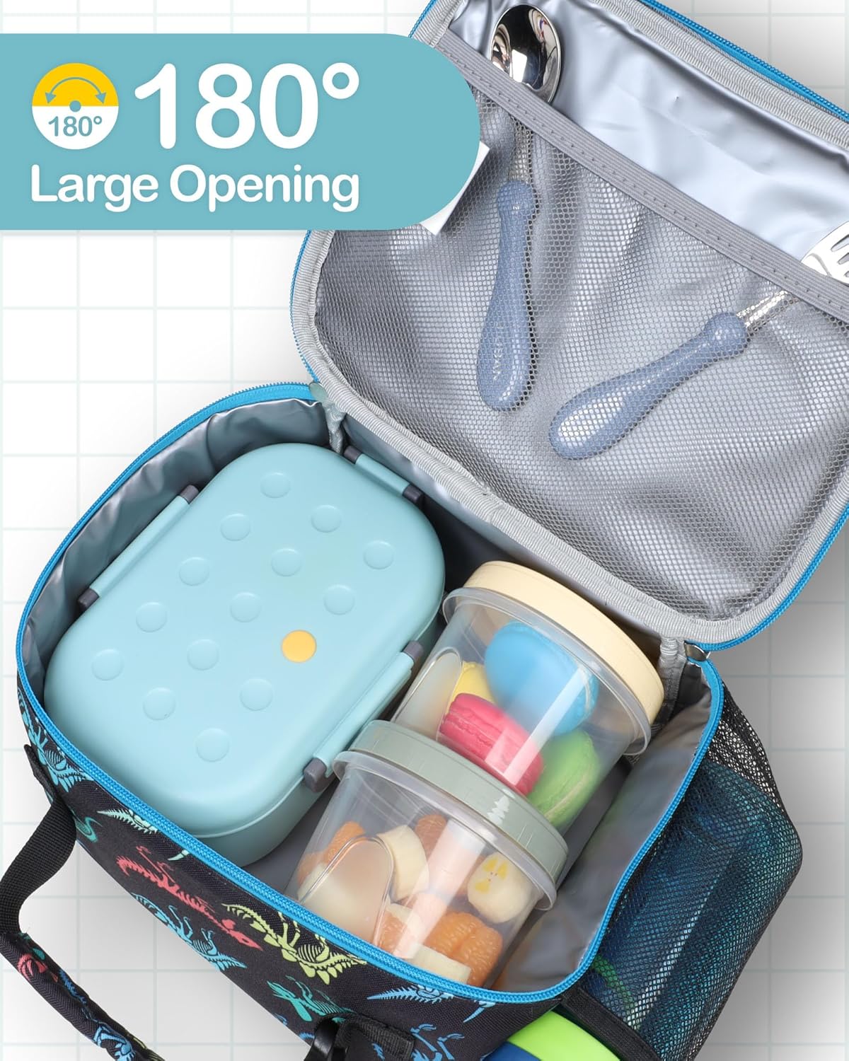 Bagseri Kids Lunch Bag Boys - Thermal Insulated Lunch Box Tote with Water Bottle Holder, Reusable Leak-Proof Kids Lunch Box for Daycare & School, Black Dinosaur (Containers Not Included)
