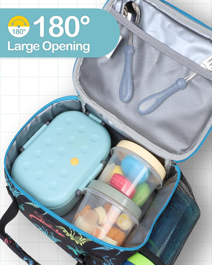 Bagseri Kids Lunch Bag Boys - Thermal Insulated Lunch Box Tote with Water Bottle Holder, Reusable Leak-Proof Kids Lunch Box for Daycare & School, Black Dinosaur (Containers Not Included)