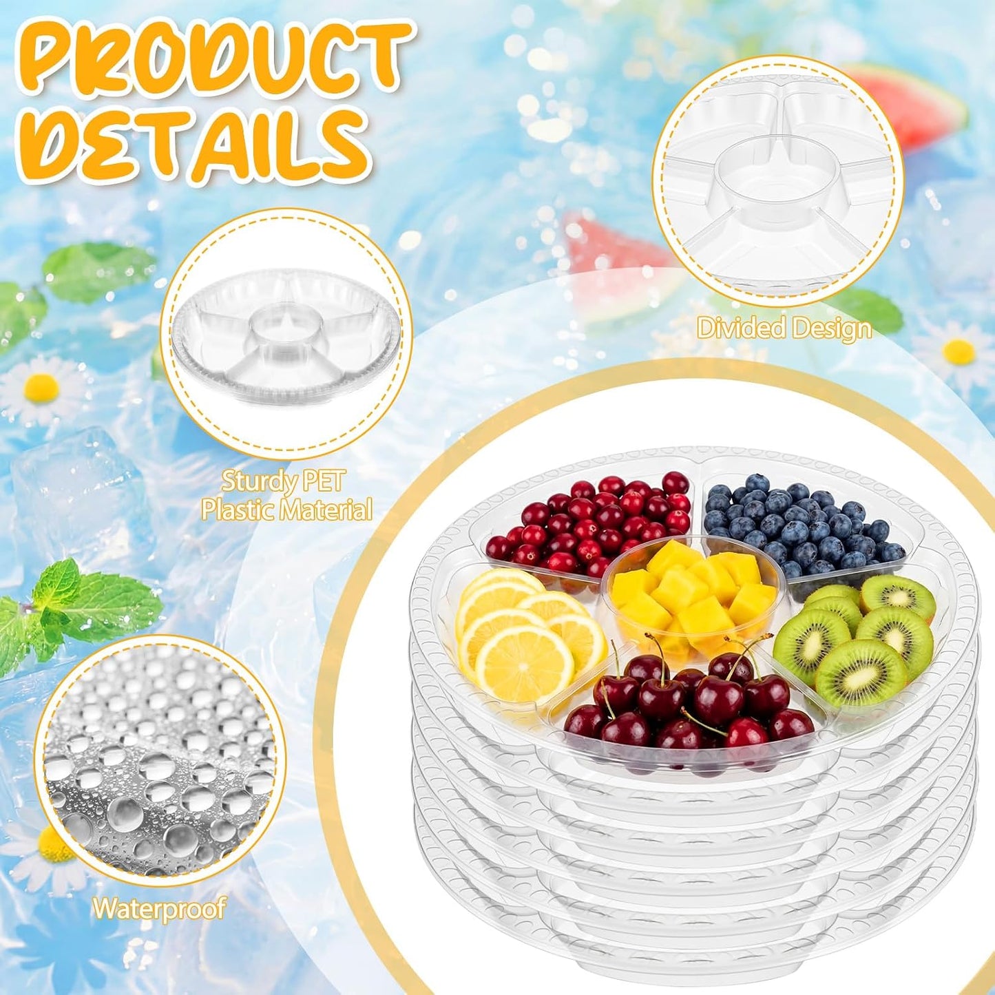 Rtteri 50 Pcs Round Plastic Fruit Trays for Serving Clear Veggie Tray 6 Divided Compartment Container Dip Platter Reusable Catering Platters for Vegetable Fruit Snack Nut Party and Buffet(10.4 Inch)
