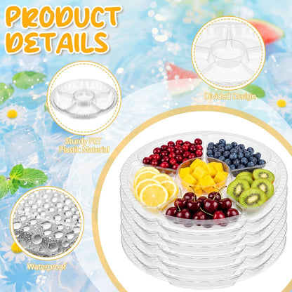 Rtteri 50 Pcs Round Plastic Fruit Trays for Serving Clear Veggie Tray 6 Divided Compartment Container Dip Platter Reusable Catering Platters for Vegetable Fruit Snack Nut Party and Buffet(10.4 Inch)