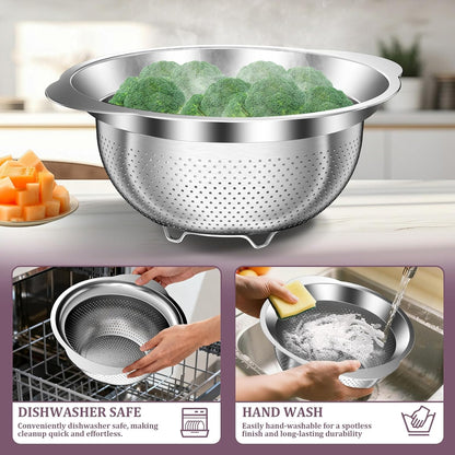4-1 Colander with Bowl & Spoons Set - Rotatable Colander for kitchen with New Upgraded Graters, Food Strainer(Patented) for Pasta, Fruits, Vegetables, Funny Presents for Women, Beige