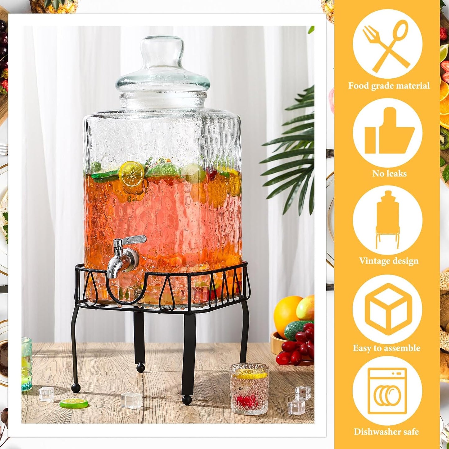Baderke 3 Gallon Drink Dispensers with Stand Glass Beverage Dispenser with Stand and Stainless Steel Spigot Juice Dispensers for Parties Tea Jar for Lemonade Juice
