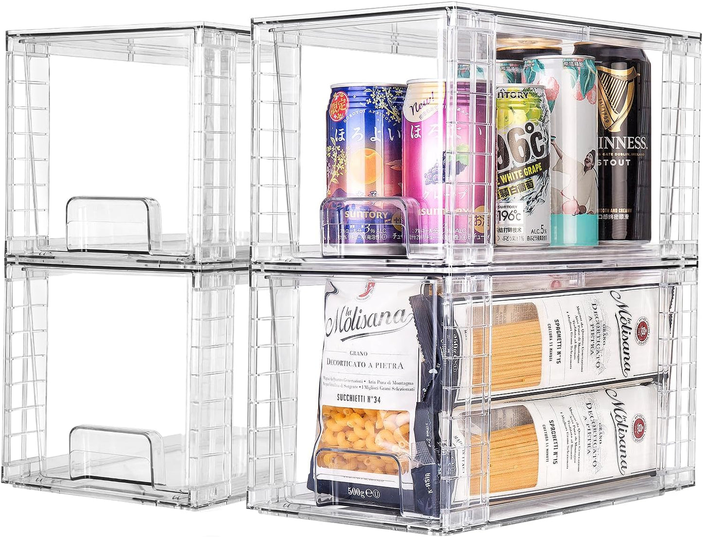 4Pack Large Stackable Kitchen Storage Drawers, Clear Foods Organizer Bins with Handles, Easily Assemble for Bathroom, Kitchen, Pantry, Cabinet, Closet(XL-UP Handle)