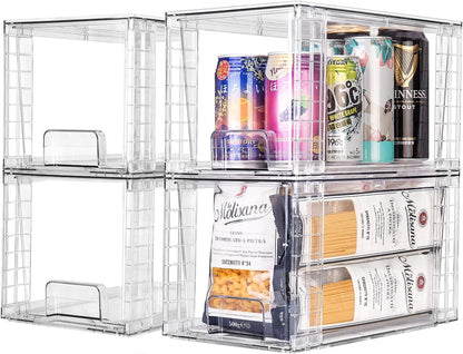 4Pack Large Stackable Kitchen Storage Drawers, Clear Foods Organizer Bins with Handles, Easily Assemble for Bathroom, Kitchen, Pantry, Cabinet, Closet(XL-UP Handle)