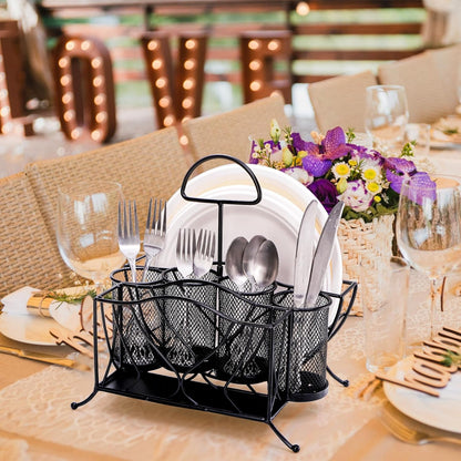 Bekith Silverware Caddy Paper Plate Napkin Holder, Utensil Holder with Handle, Countertop Flatware Caddy Portable Cutlery Storage Organizer for Kitchen, Picnic, Camping, Party, Metal Mesh, Black