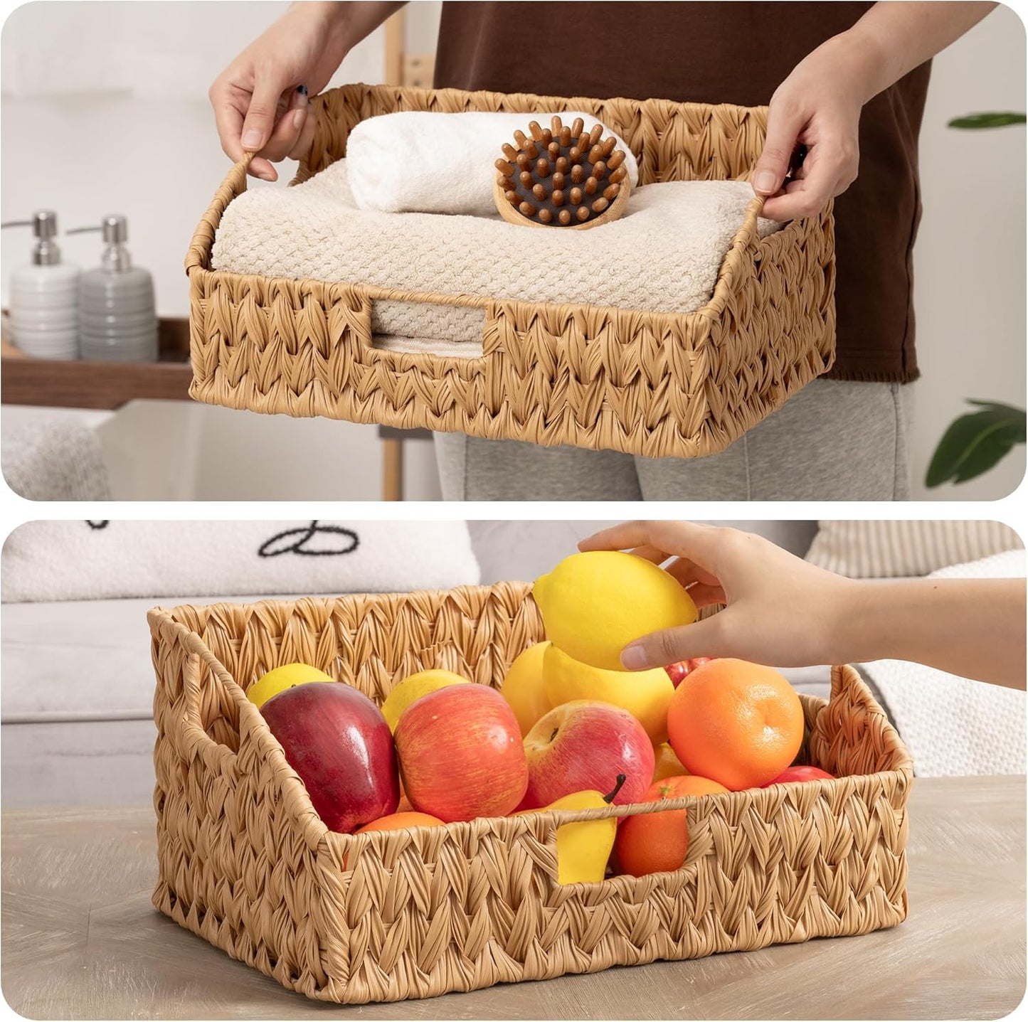 GRANNY SAYS Wicker Storage Baskets for Shelves, Trapezoid Woven Basket with Handles, Storage Wicker Baskets for Pantry, Water Hyacinth, 2-Pack