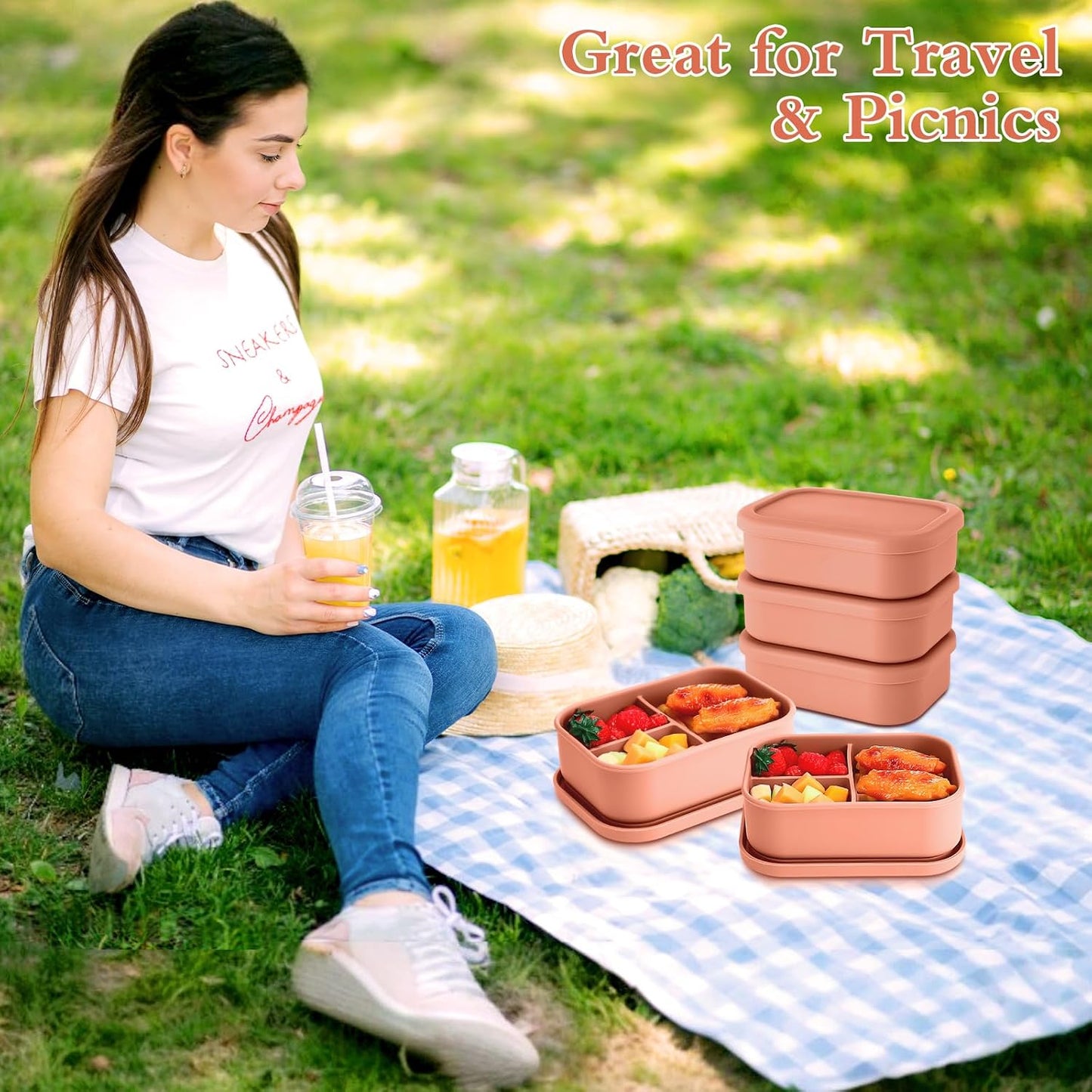 Honeydak 6 Pcs Silicone Bento Box Reusable Silicone Bento Lunch Container for Adults Microwave Dishwasher Freezer Safe 3 Compartment (Light Colors)