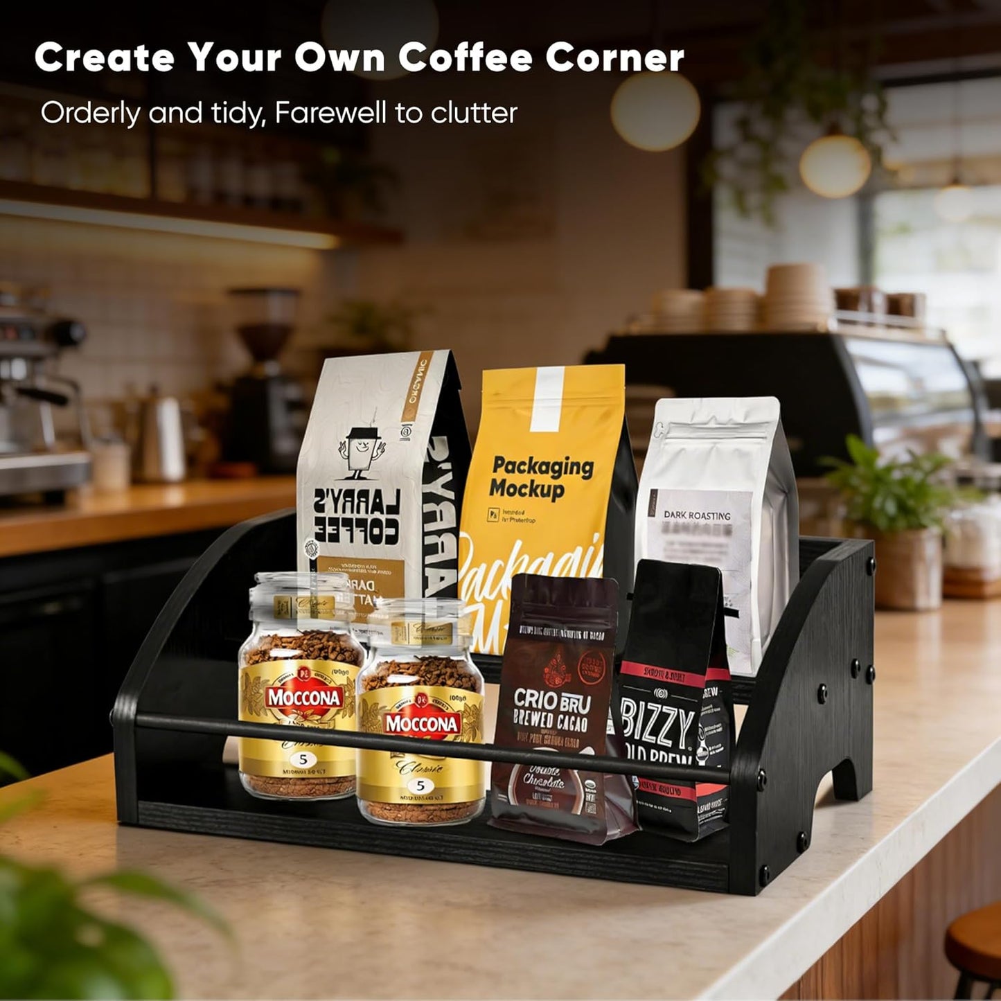 Countertop Liquor Bottle Organizer Shelf, 3-Tier | Rustic Display Rack, For Wine & Coffee Syrups, Freestanding Bar and Kitchen Storage, Easy-Carry Handles