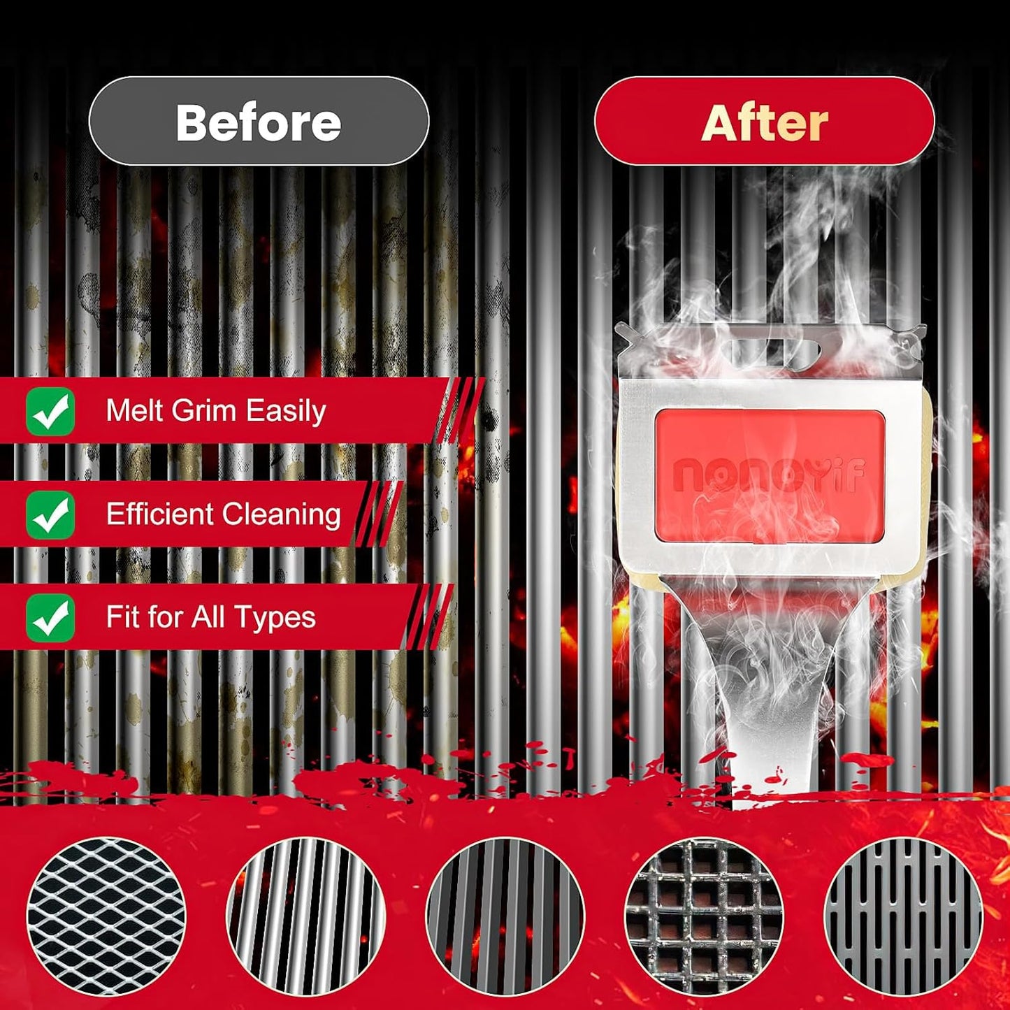 Grill Brush Bristle Free with 5 Replaceable Pads, BBQ Grill Brush Replaceable Cleaning Head, Grill-Cleaner Brush for Cast Iron/Stainless Steel Grates, Gift for Men Dad-Red