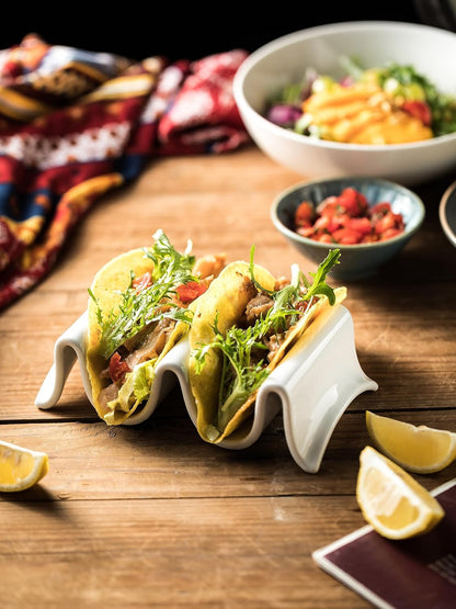 Taco Holders Set of 2, Porcelain Large Taco Tray with Handles, Reusable and Stackable Taco Plates, Perfect for Burritos and Tortillas Holder Handles, Oven & Microwave Safe