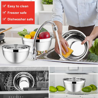E-far Mixing Bowls With Lids Sets of 5, 10-Piece Stainless Steel Salad Metal Nesting Bowl for Baking Cooking and Prepping, Airtight Lid & Stackable Design, Size 4.6, 3, 2.1, 1.5, 0.7 QT, Black