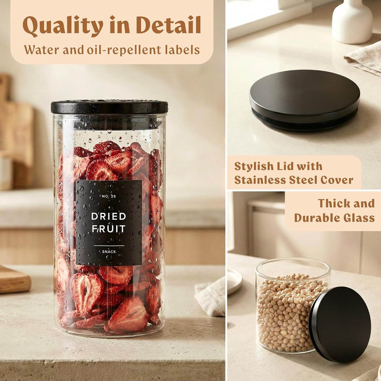 EDELHAUS 2x Large Glass Storage Containers with Airtight Black Lids [135oz/4000ml] | Extra Thick Glass Canisters for Pantry + 63 Labels | Flour Rice Cereal Sugar Coffee Beans Tea