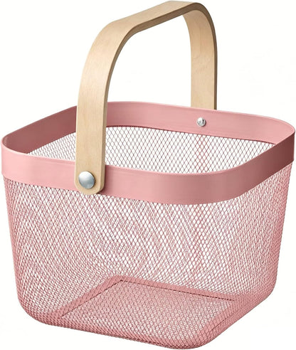 AJIODA Metal Mesh Steel Basket, Storage Organizer Basket Multi-functional Hanging Kitchen Baskets Fruit Basket Bin with Bamboo Handle for Kitchen Bathroom Picnic Shopping Decor Cabinet Home, Blue