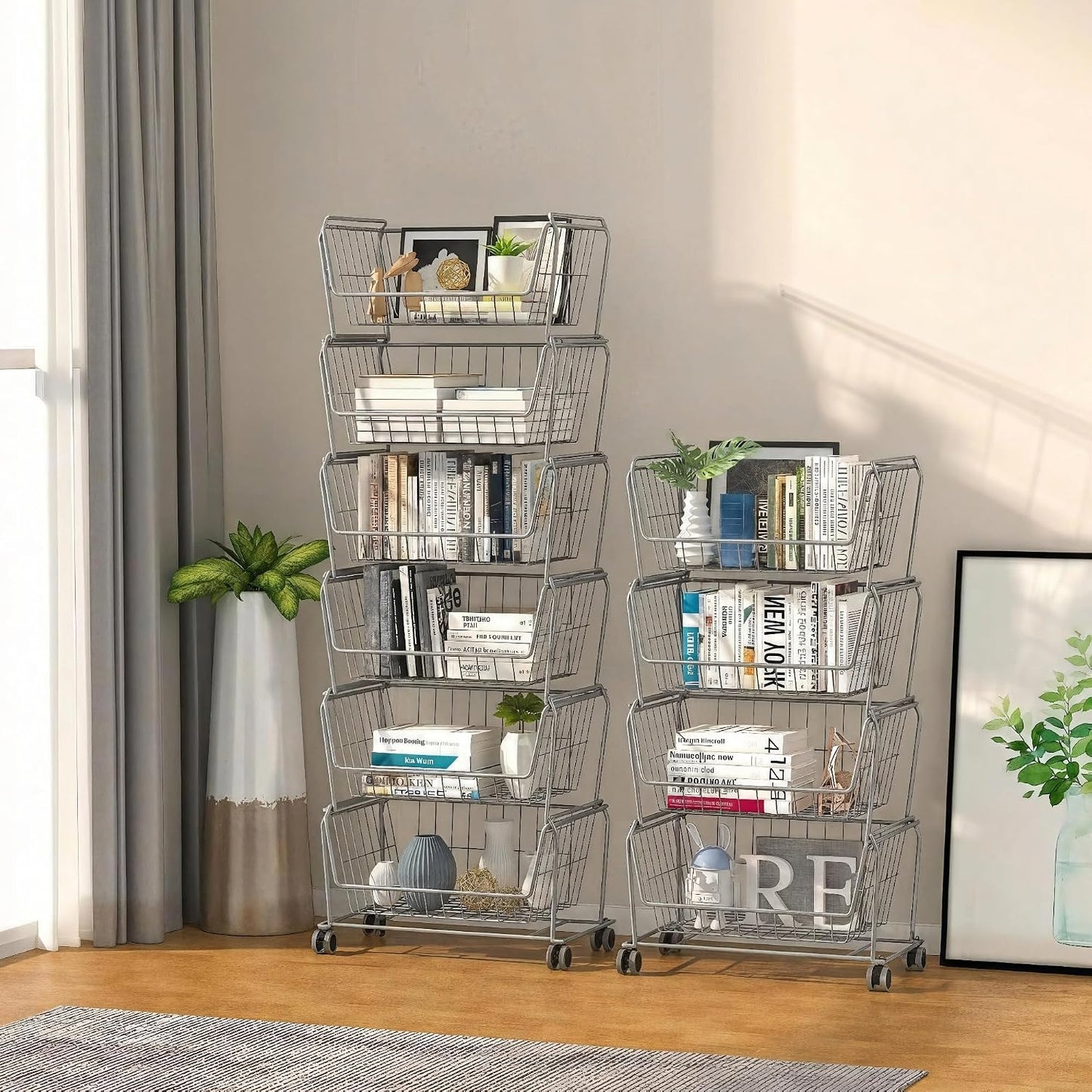 PUSDON 4-Tier Spacious Stackable Wire Storage Baskets with Wheels, Metal Rolling Utility Cart Organizer, Fruit and Vegetable Produce Basket for Kitchen Pantry, Everyday Bathroom Shelf, Silver Grey