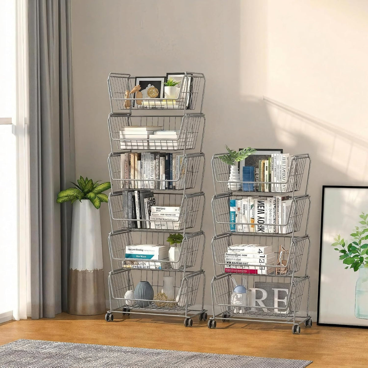 PUSDON 4-Tier Spacious Stackable Wire Storage Baskets with Wheels, Metal Rolling Utility Cart Organizer, Fruit and Vegetable Produce Basket for Kitchen Pantry, Everyday Bathroom Shelf, Silver Grey