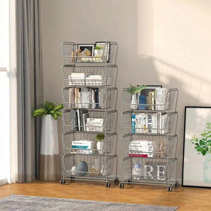 PUSDON 4-Tier Spacious Stackable Wire Storage Baskets with Wheels, Metal Rolling Utility Cart Organizer, Fruit and Vegetable Produce Basket for Kitchen Pantry, Everyday Bathroom Shelf, Silver Grey