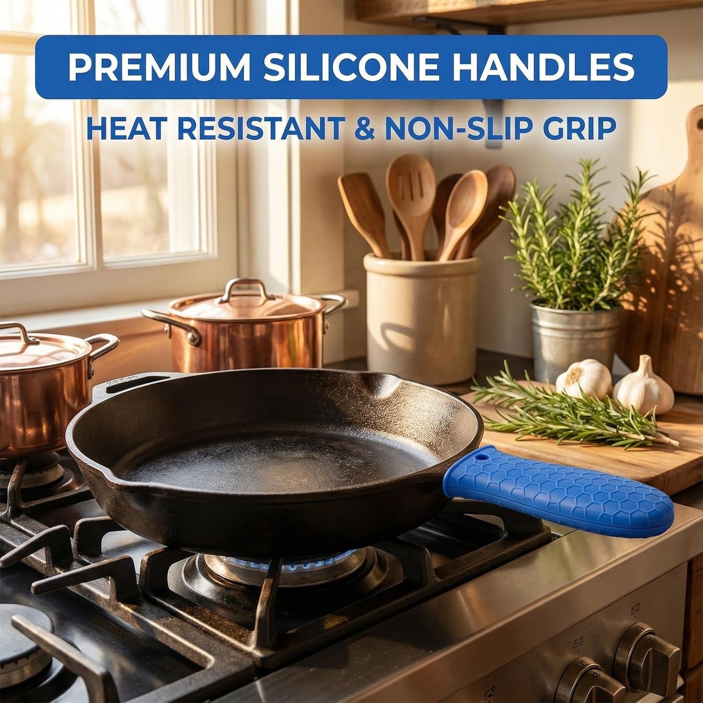 2-Pack Premium Silicone Handle Covers for Cast Iron Skillets, Maximum Heat Protection Non-Slip Pot Holder Sleeves with Anti-Slip Design for Frying Pans, Cookware (Blue)