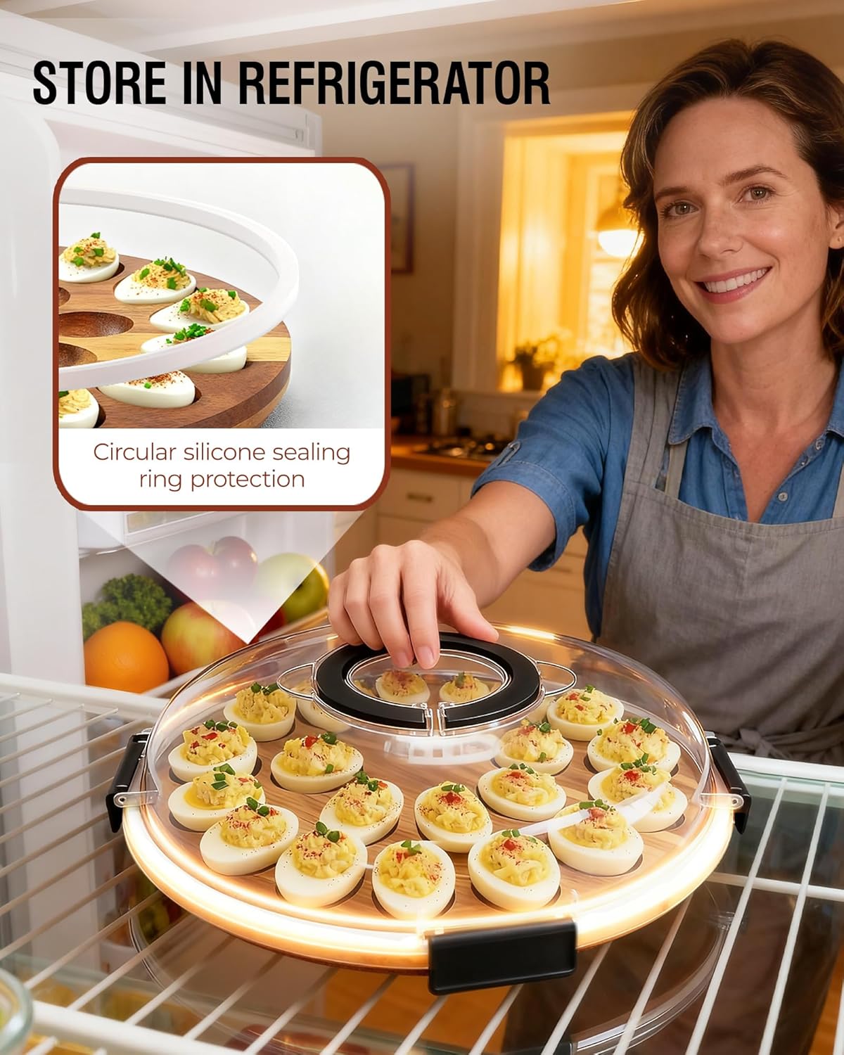 Renmxj Deviled Egg Containers with Lid (24 Eggs), 2026 Upgraded Acacia Wooden Deviled Egg Tray Platter for Party and Home Kitchen, The Lid is Dishwasher Safe (Black)