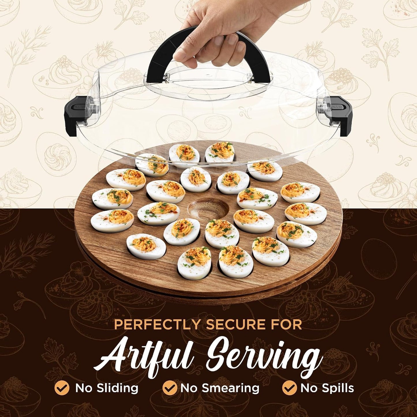 Deviled Egg Carrier with Lid and Handle | Reversible | Wooden Portable Deviled Egg Containers with Lid for Party Travel | Covered Platter Tray Holder | Holds 22 Eggs, Acacia Wood
