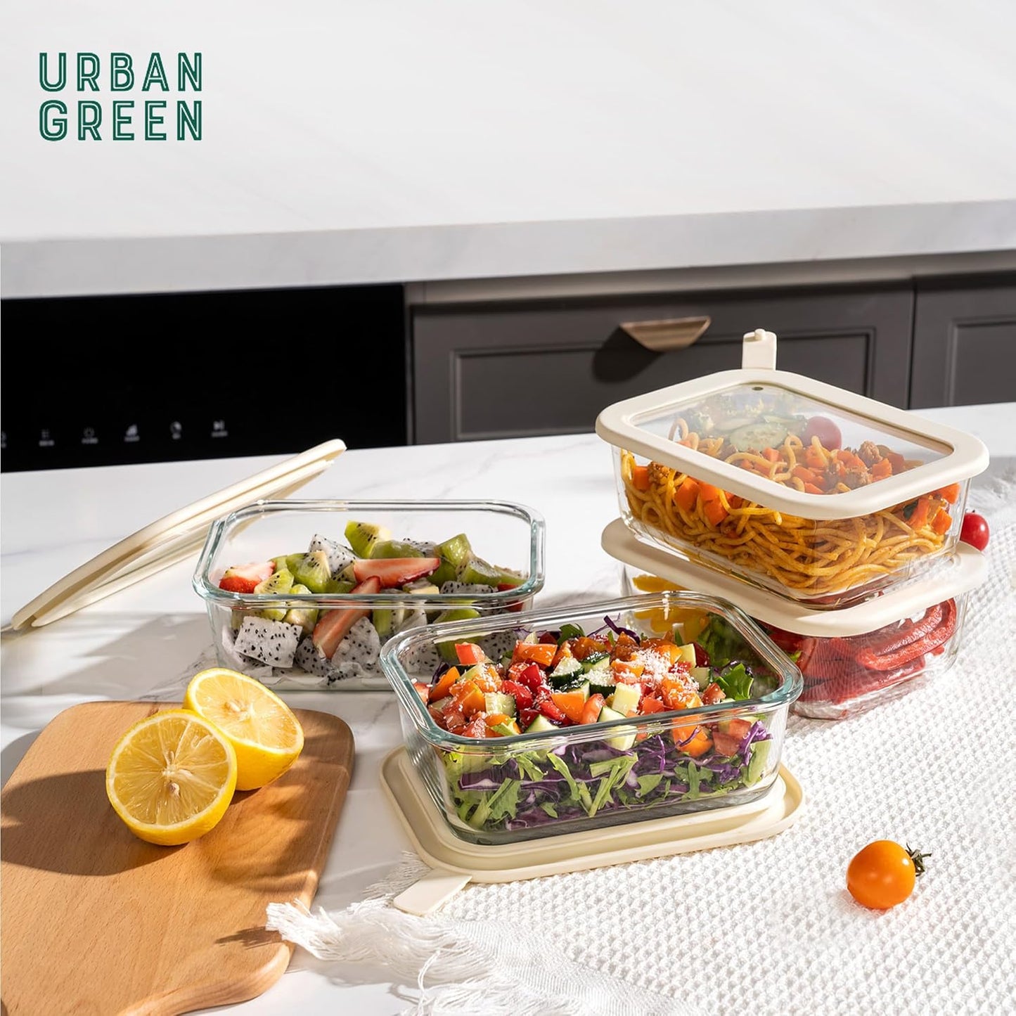 Urban Green Glass Food Storage Containers with Glass Lids, Microwave Safe Food Container Set, Aitight Meal Prep Container Set, LeakProof, 100% Plastic Free, 6 Pack