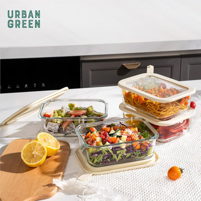 Urban Green Glass Food Storage Containers with Glass Lids, Microwave Safe Food Container Set, Aitight Meal Prep Container Set, LeakProof, 100% Plastic Free, 6 Pack