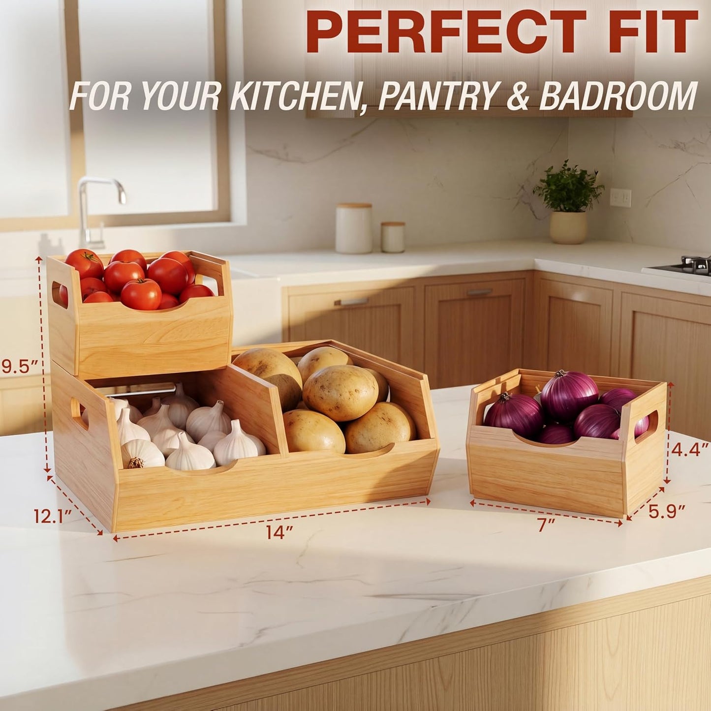 HOMESTEAD Stackable Solid Wood Storage Bins for Kitchen Pantry & Countertop, Ventilated Potato and Onion Basket Organizer with Handles, Wooden Produce Storage Containers, 3-Pack, Chestnut Finish